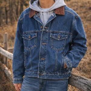 Marlboro Country Store Denim Jacket Leather Collar Plaid Lined Trucker medium